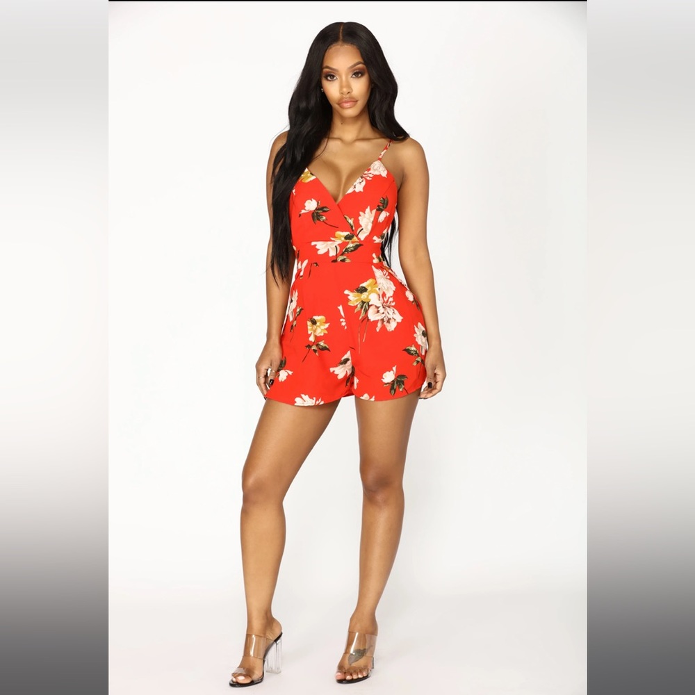 Fashion Nova Red Floral Romper M